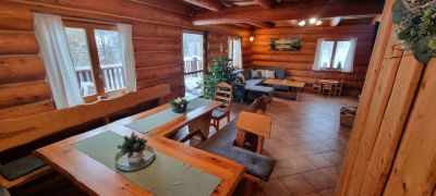 Horský kanadský srub s venkovní vířivkou a bazénem