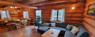 Horský kanadský srub s venkovní vířivkou a bazénem