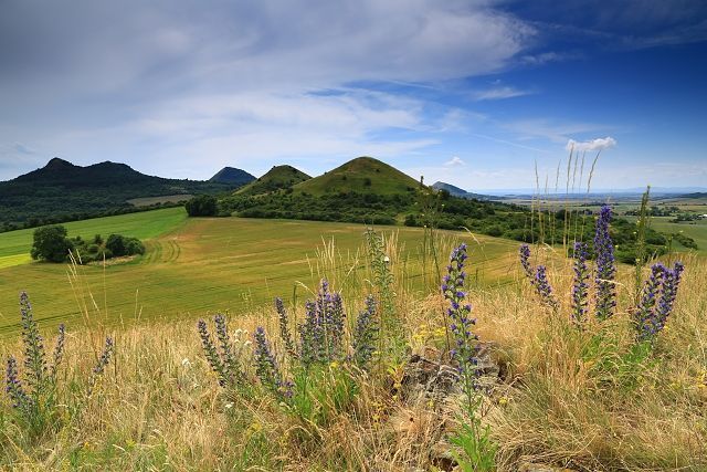 Letní pohled ze Šibeníku na kopce zleva - Srdov, Brník, Oblík, Křížové vršky, Malý vrch a Ranou.