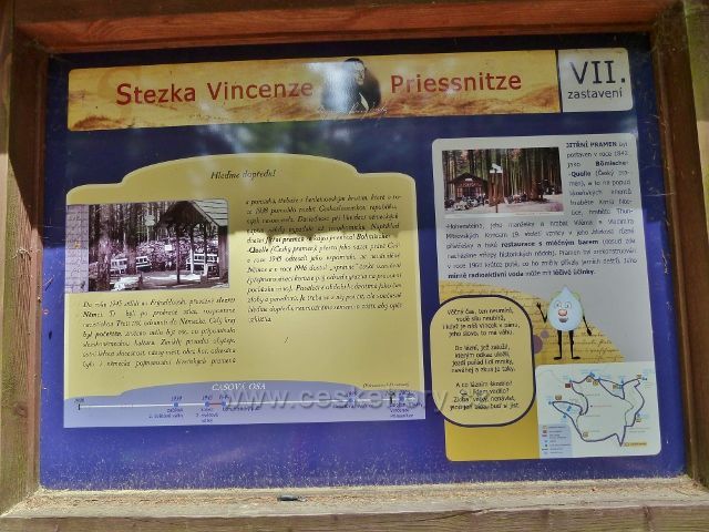 Lázně Jeseník - tabule VII.zastavení Stezky Vincenze Priessnitze u Jitřního pramenu