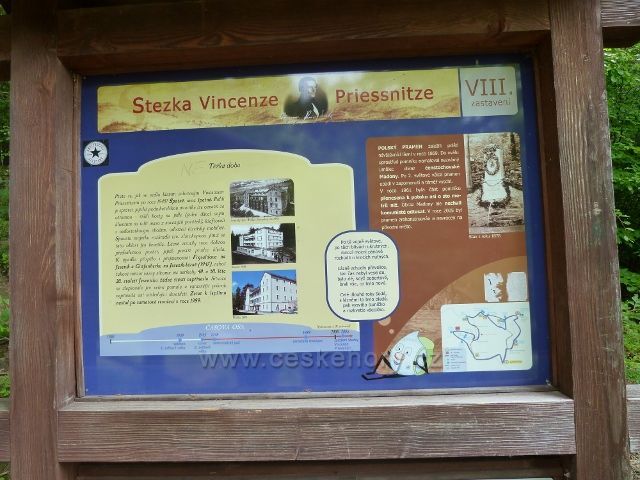 Lázně Jeseník - tabule VIII. zastavení Stezky Vincenze Priessnitze u Polského pramenu