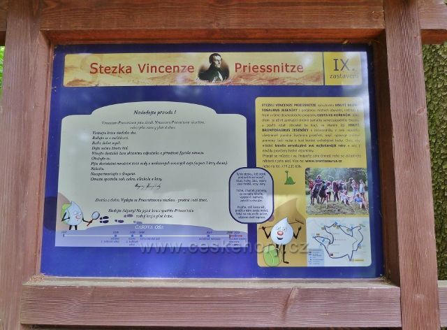 Lázně Jeseník - tabule IX. zastavení Stezky Vincenze Priessnitze na rozcestí U Mnicha
