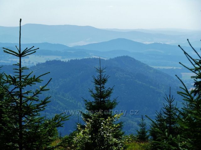 Buková hora - pohled z vrcholu Na Planiskách k Hanušovické pahorkatině a Jeseníkům