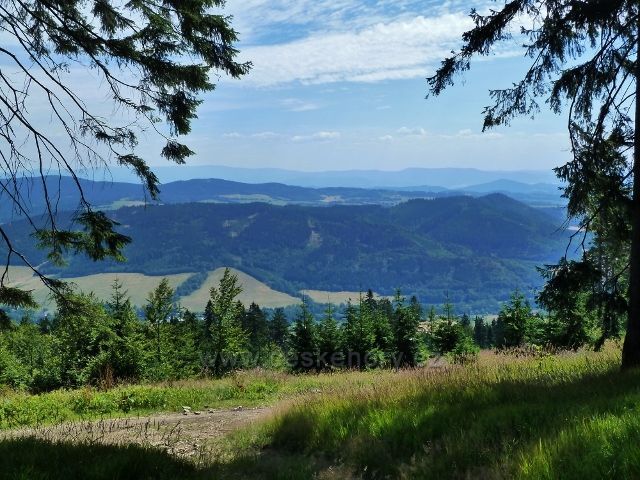 Buková hora - pohled z rozcestí "Nad Mlýnickým Dvorem" na protilehlé Spálenisko, Osičný a Čechovu horu