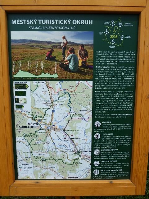 Město Albrechtice - tabule městského turistického okruhu v areálu rozhledny Hraniční vrch