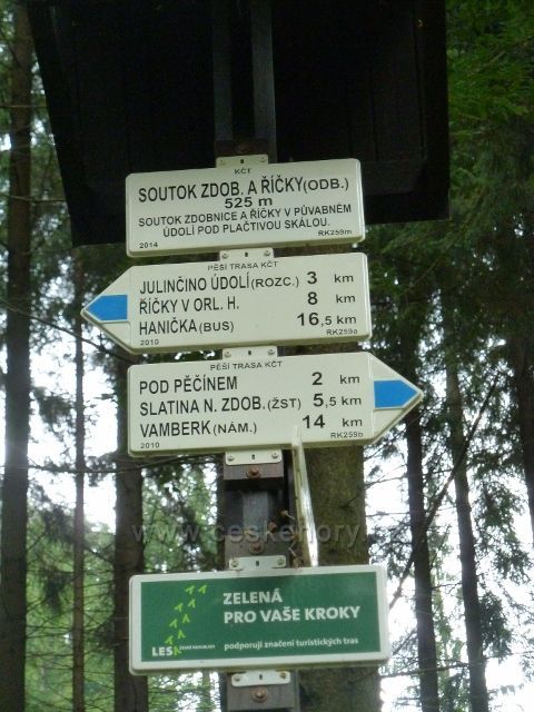 Turistický rozcestník na cestě nad soutokem Říčky a Zdobnice