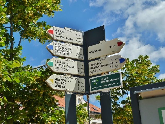 Mšeno - třetí strana turistického rozcestníku na náměstí Míru