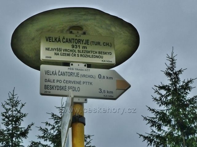 Nýdek - detail turistického rozcestníku u chaty Čantoryja