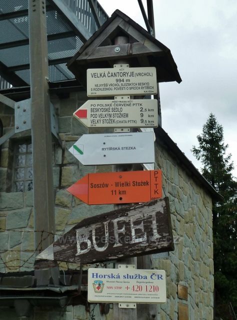 Nýdek - turistický rozcestník na vrcholu Velké Čantoryje u rozhledny