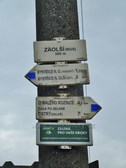Turistický rozcestník v Záolší na modré TZ ke Kozinci
