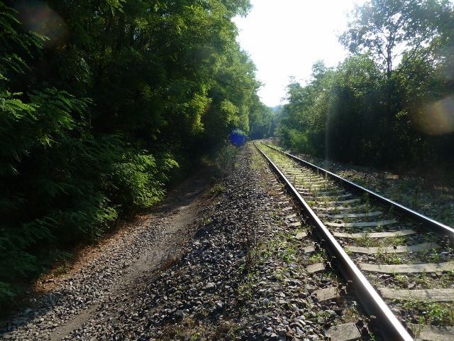 Okoř - cesta po červené TZ  před obcí Kováry vede těsně pod náspem železniční tratě