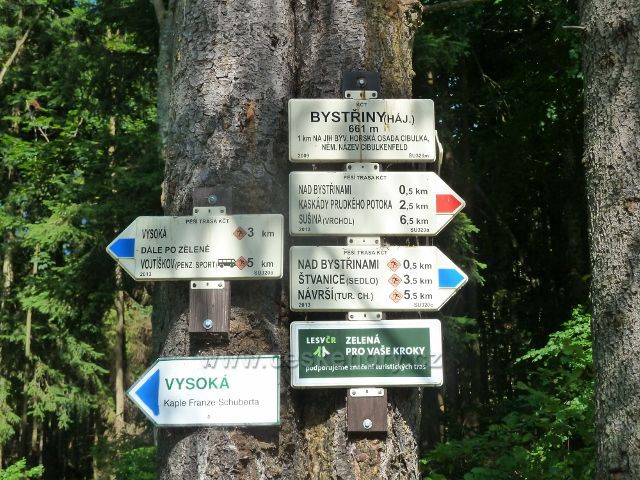 Chrastice - turistický rozcestník "Bystřina(hájovna)", 861 m.n.m.