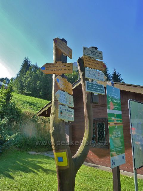 Turistický rozcestník "Dolní Morava (konečná,Bus), 698 m.n.m."