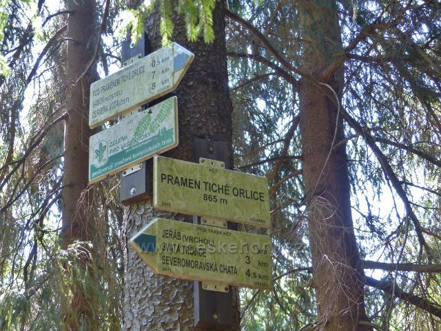 Horní Orlice - turistický rozcestník "Pramen Tiché Orlice, 865 m.n.m."