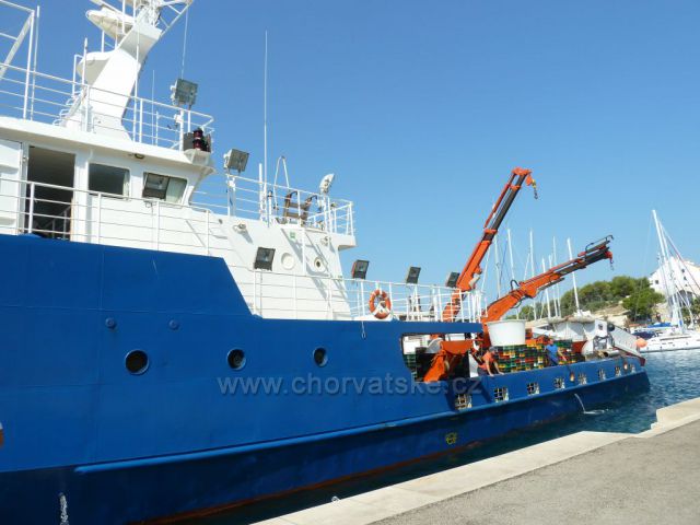 Milna, ostrov Brač, loď Adriatic Queen s bohatým úlovkem sardinek