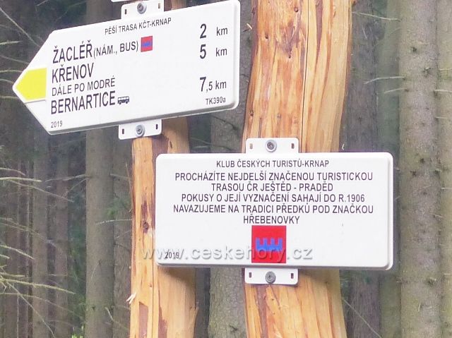 Žacléř - turistický rozcestník Nad porcelánkou.Detail tabulky označující nejdelší značenou turistickou trasu Ještěd - Praděd