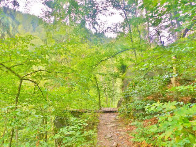 Semily - Riegrova stezka. Překlenovací mostek nad skalním ostrohem nad Jizerou v PR Údolí Jizery
