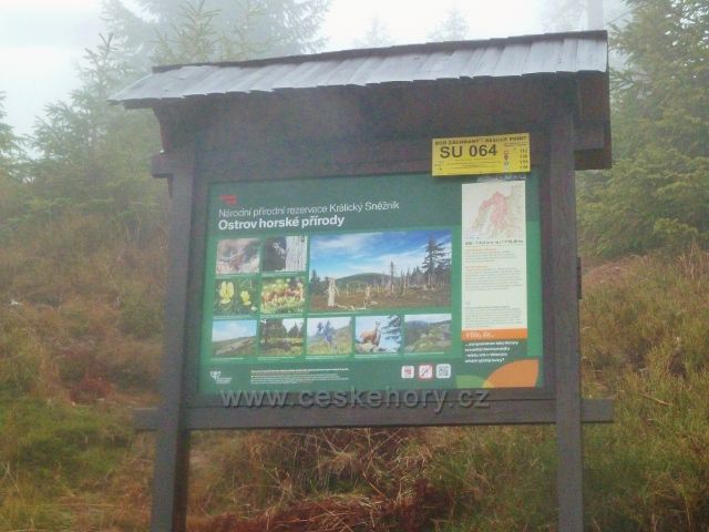 Králický Sněžník - tabule NPR Králický Sněžník a označení bodu záchrany SU 064 na rozcestí Pod Ludmilou