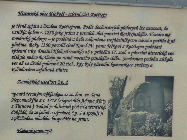 Klokočí - detail informační tabulky u tesaného výklenku se sochou sv.Jana Nepomuckého u cesty k Rotštejnu
