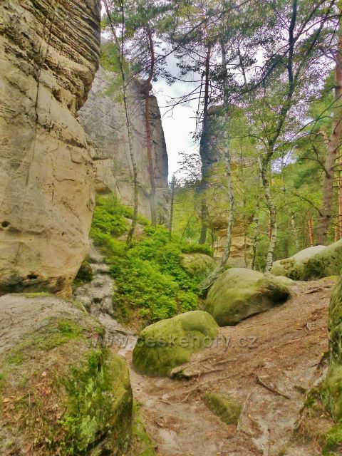 Klokočské skály - pod stěnou skalní věže Pekelník po žluté TZ