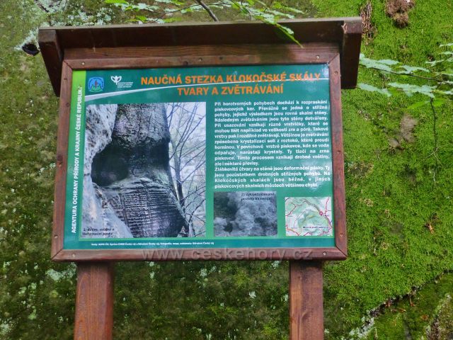 Klokočské skály - tabule NS Klokočské skály "Tvary a zvětrávání" na okraji Klokočských průchodů