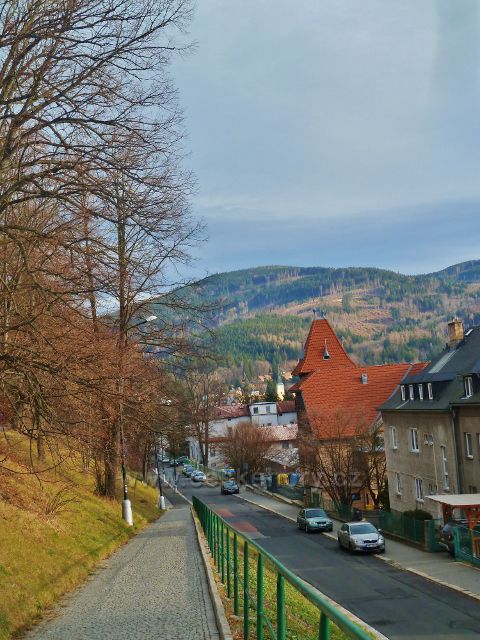 Jeseník - pohled od vlakového nádraží k vrchu Zlatý chlum (891 m.n.m.) a rozhlednu nad městem