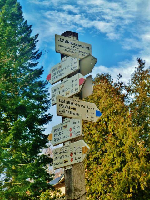 Jeseník - turistický rozcestník v Tyršově ulici " Jeseník (nemocnice) 445 m.n.m." je výchozím bodem Muzikantské stezky do Lázní Jeseník