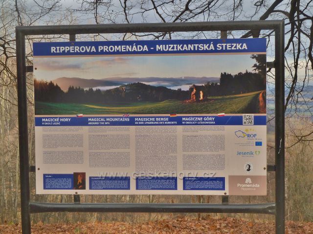 Lázně Jeseník - informační panel u vyústění Muzikantské stezky na Ripperovu promenádu