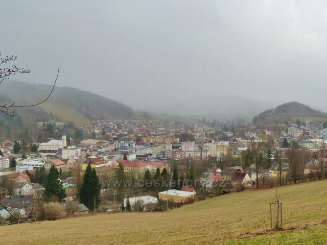 Jeseník, Muzikantská stezka - pohled na centrální část města s kostelem Nanebevzetí Panny Marie