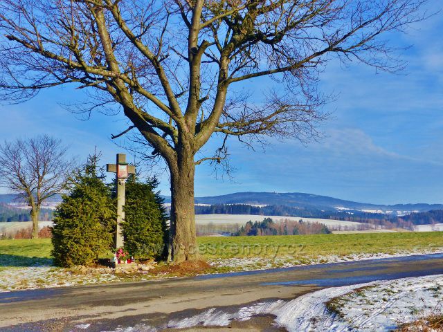 Kamenný kříž u silničky do Bystřece. V pozadí Suchý vrch