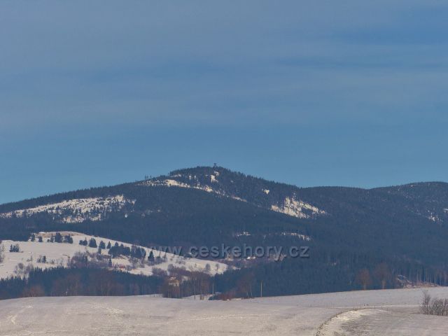 Králíky - pohled ze silničky V Aleji na Klepáč s rozhlednou (1144 m.n.m.)