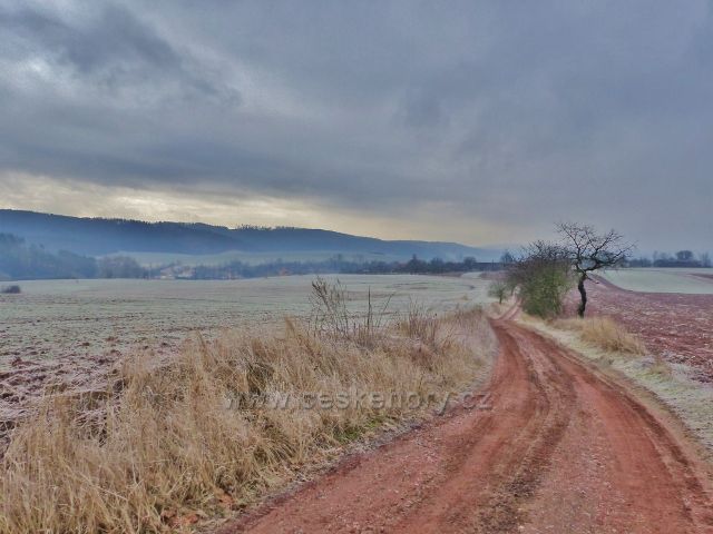 Kochov - zpětný pohled z úpatí pahorkatiny Ve Vrších ke Kochovu