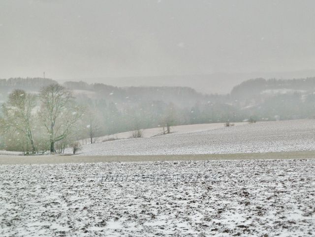 Kunvald - sněží, pohled ze silničky na Končiny k obci