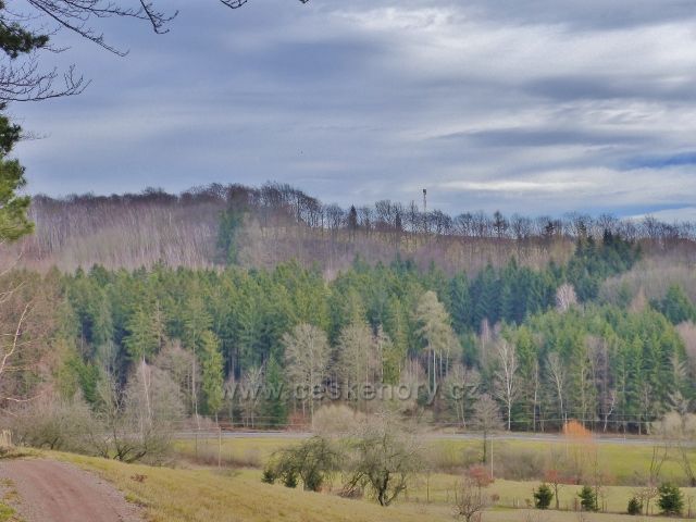 Potštejn - pohled od Nových Litic k vrcholu Kapradě (516 m.n.m.) s telekomunikační věží