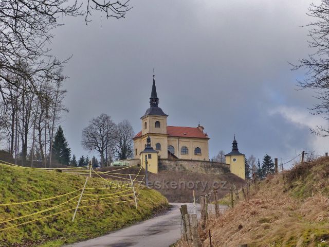 Malá Lhota - pohled ze silničky na Homol na kostel Panny Marie Pomocné