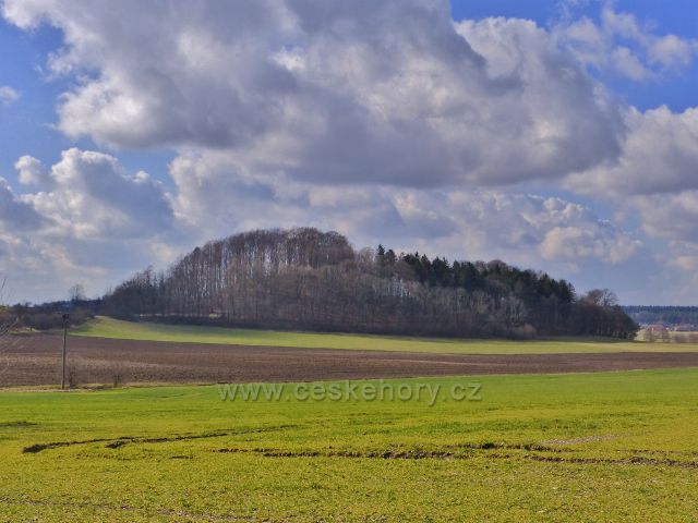 Homol - pohled od parkoviště pod Homolí na Chlum na němž stával hrádek Dřel a stejnojmenná vesnice pod ním