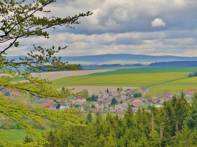 Pohled z cesty po úbočí Kletné k Záchlumí.V pozadí se rýsují Orlické hory