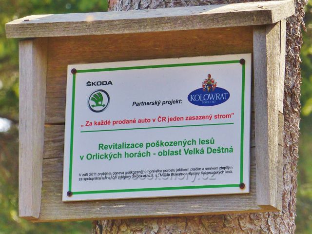 Podél Jiráskovy cesty lze spatřit na několika místech tabulku Revitalizace poškozených lesů v Orlických horách - oblast Velká Deštná