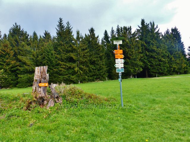 Turistický rozcestník " Větrov(sedlo) 892 m.n.m. 500 m od grafitového lomu Konstantin nad osadou Velké Vrbno