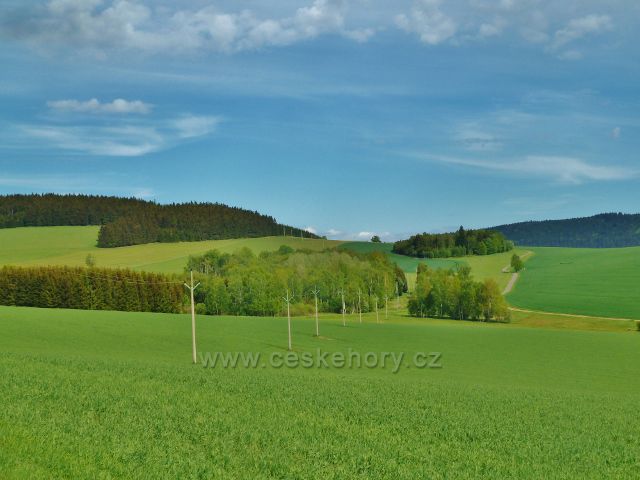 Jamné nad Orlicí - pohled na elektrovod a cestu do Orliček