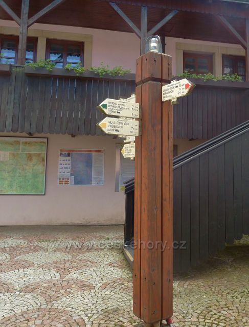 Jablonné nad Orlicí - turistický rozcestník před historickou budovou radnice