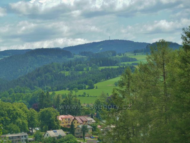 Pohled z úbočí Malova kopce k telekomunikační věži na Bukové hoře