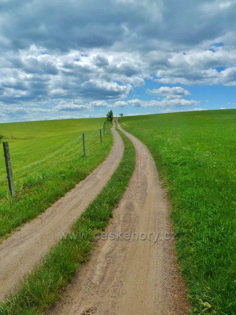 Mistrovice - cesta po úbočí Blažkovského kopce k pomníku "Neznámého lyžaře"