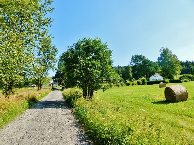 České Milovy - trasa po zelené TZ vede po silničce, která prochází lokalitou bývalé sklářské osady 