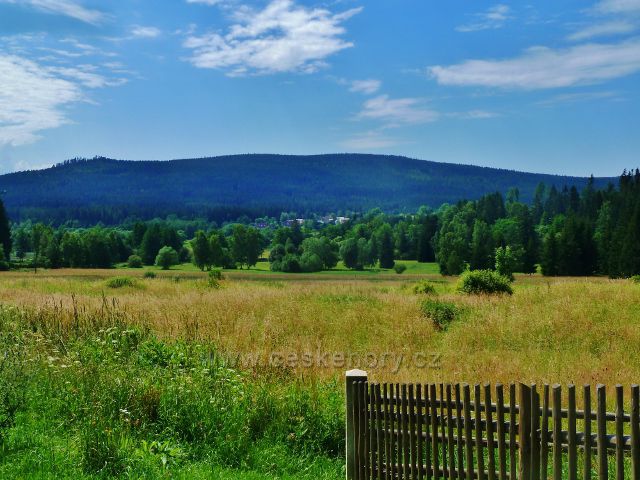 České Milovy - pohled k PR Meandry Svratky u Milov. Na obzoru vystupuje Malínská skála (811 m.n.m.) a lesní masiv Devíti skal