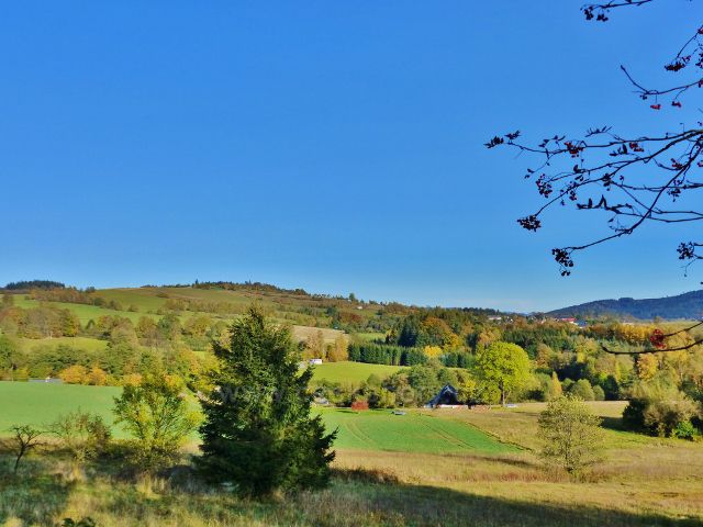 Pastviny - pohled k obci Vlčkovice ze silničky nad Vitanovem
