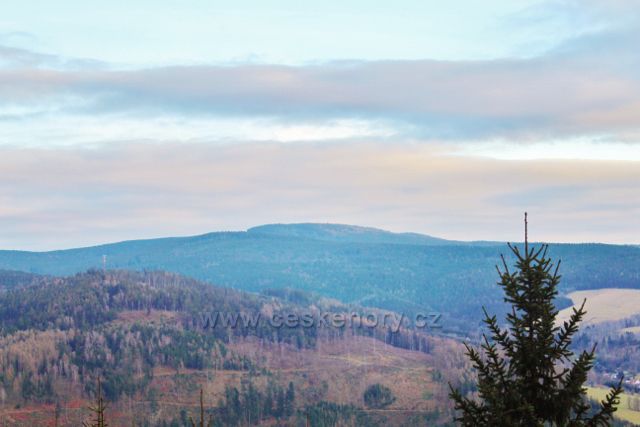 Pohled z rozhledového místa Studeneckých skal na protilehlý Suchý vrch (995 m.n.m.)