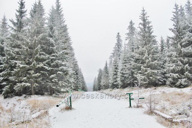 Spalona - závora před posledním úsekem trasy po modré TZ z rozhledny Jagodna k turistické chatě Jagodna