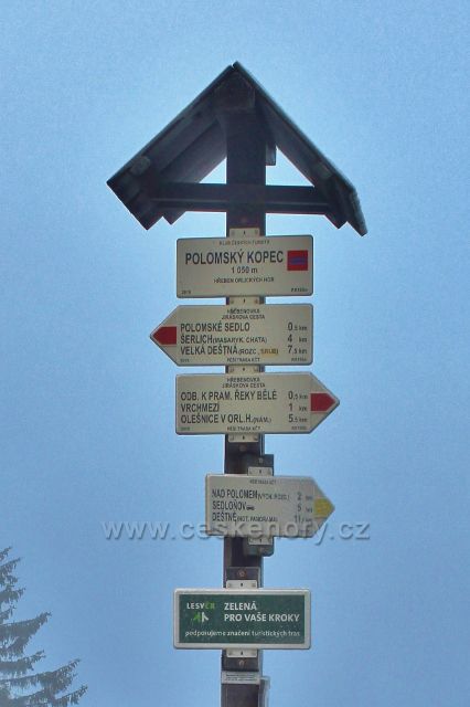 Sedloňov - turistický rozcestník "Polomský kopec 1050 m.n.m."
