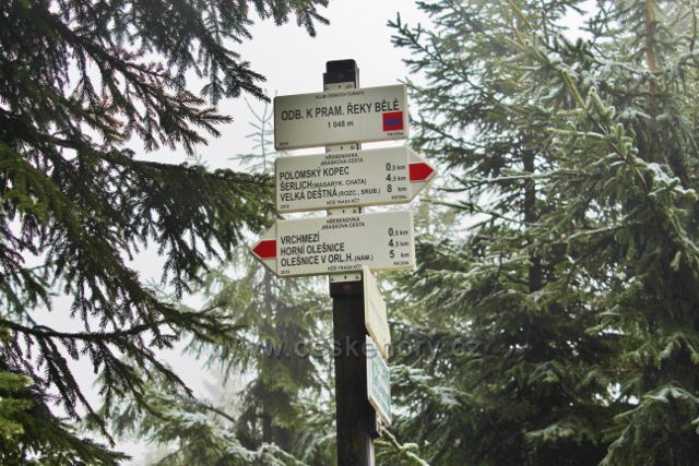 Sedloňov - turistický rozcestník" Odb.k pram. řeky Bělé 1048 m.n.m."